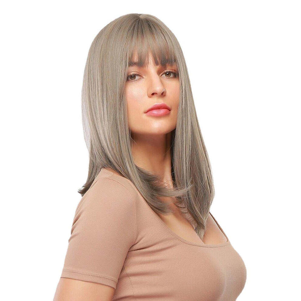 Gray Mixed Color Medium-Length Straight Hair Soft Natural Full Head Cover Wig