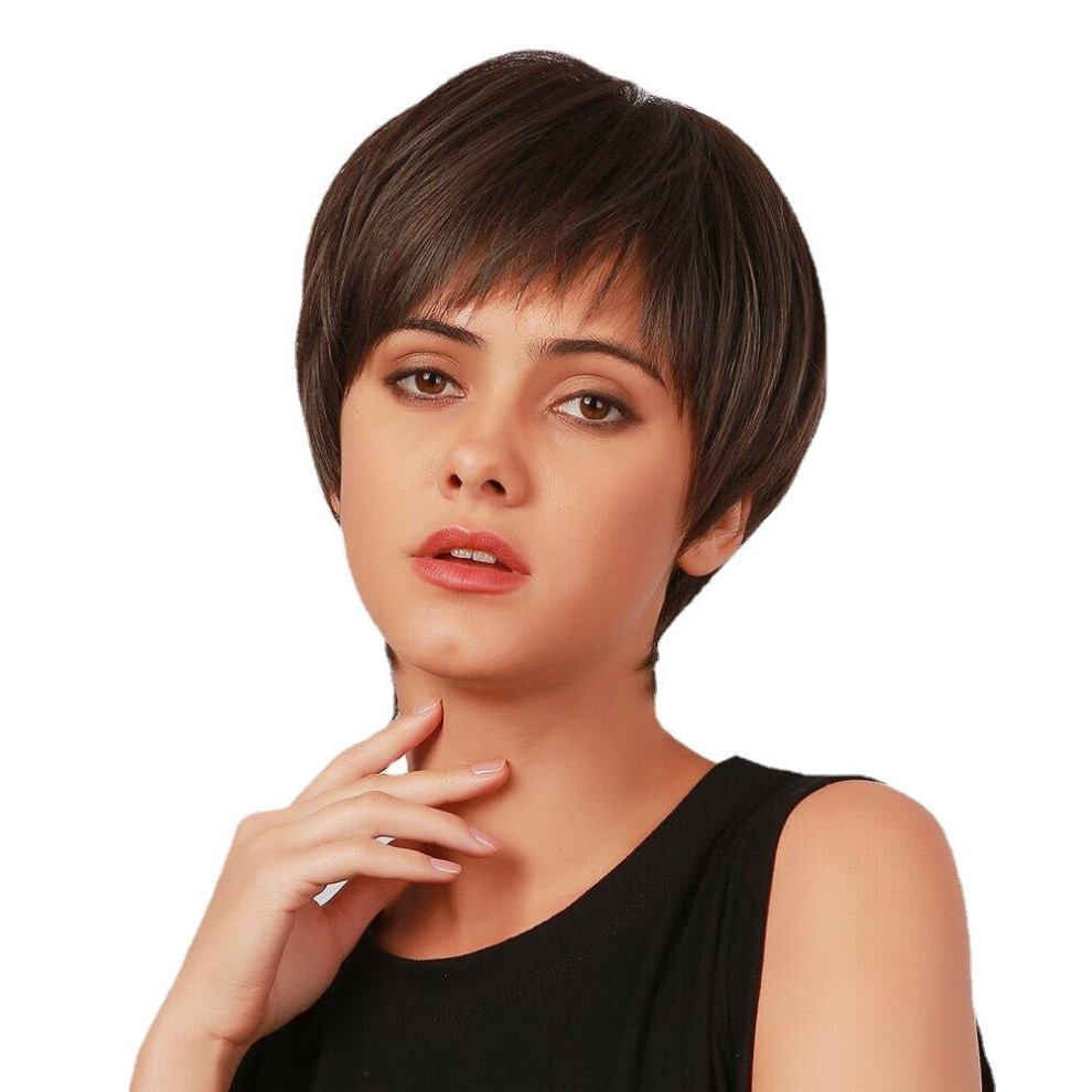 Greenzech Dark Brown Short Straight Hair Breathable Bangs High Temperature Fiber Wig
