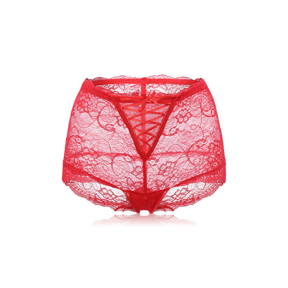 (Red, XL) Mid Waist Sexy Lace Jacquard Bowknot Briefs