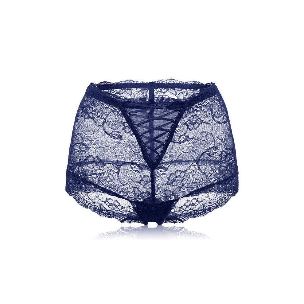 (Royal Blue, M) Mid Waist Sexy Lace Jacquard Bowknot Briefs