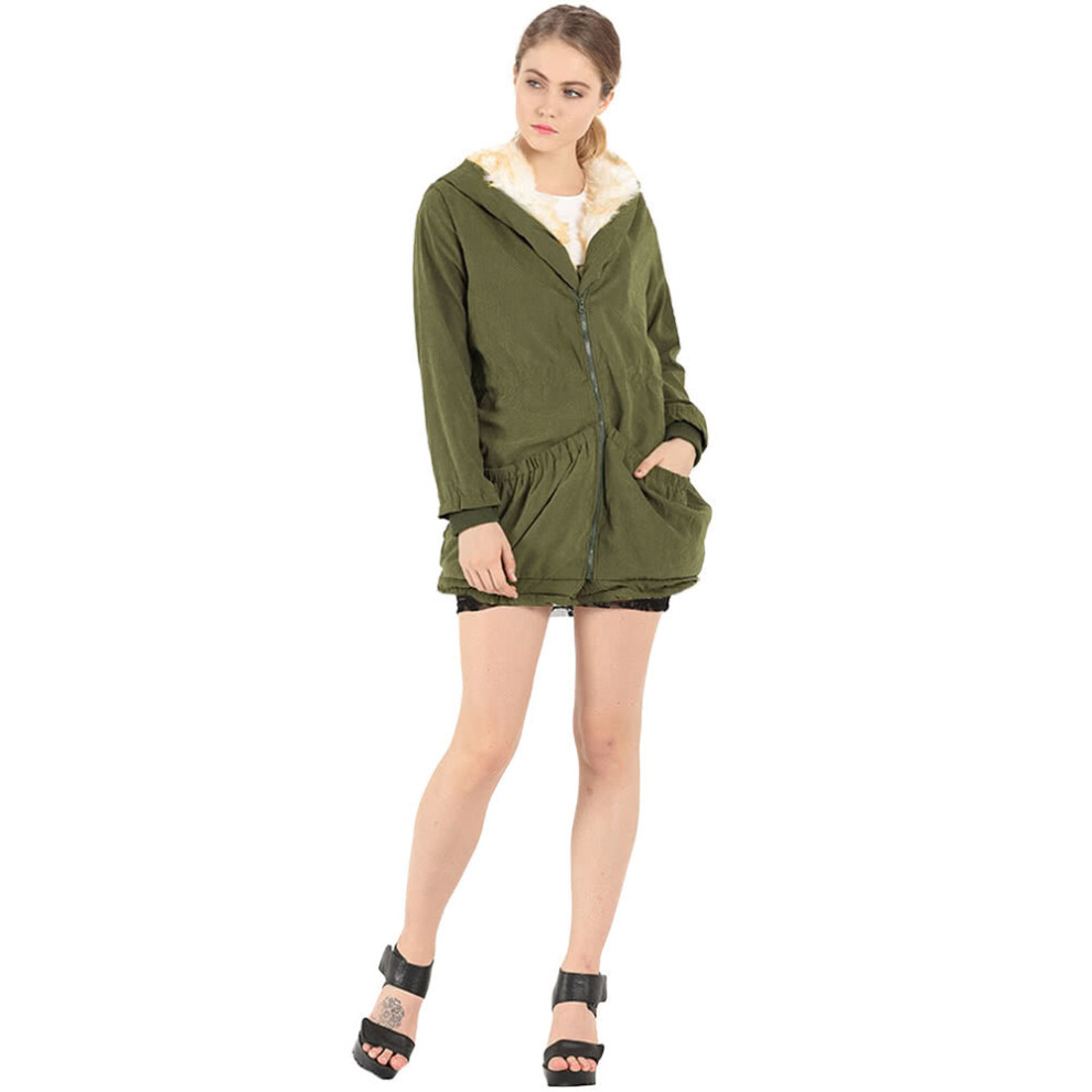 (Dark Green, S) Women Hooded Coat Jacket Faux Fur Lining Collar Zip Drawstring Waist Pockets Long Thicken Parka Outwear