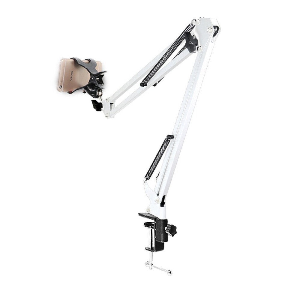(White) Cell Phone Holder for Desk Bed Office Kitchen Long Metal Arm Bracket Multipurpose