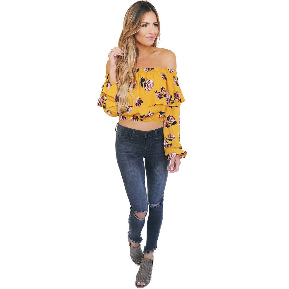 (S) Women Floral Print Blouse Crop Top Off Shoulder Ruffles Lantern Long Sleeve Loose Yellow