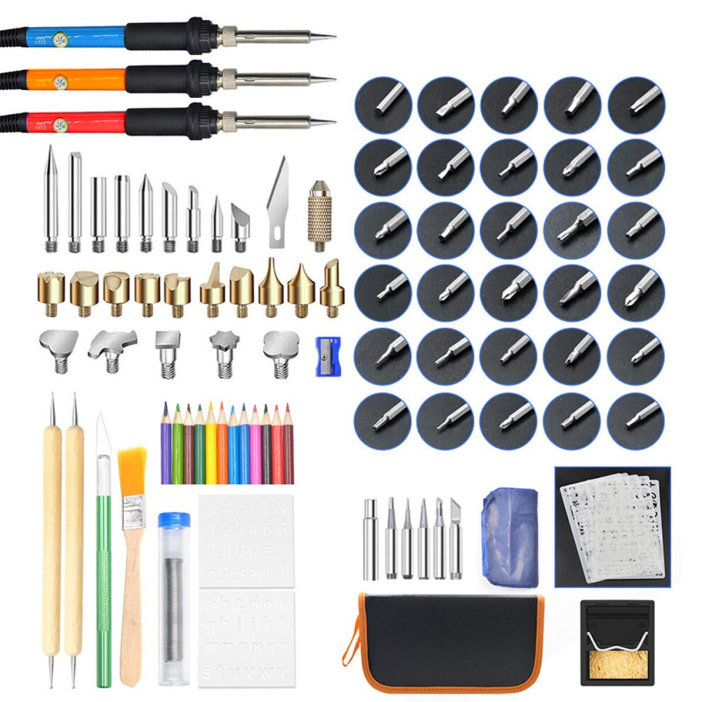 (Red, 110V - US) 101Pcs 60W Wood Burning wood working Pen Set Electric Soldering Iron Burner Tools Kit