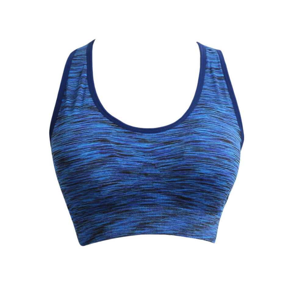 (Blue, M) Women Fitness Yoga Sports Bra Contrast Padded Wire Free Seamless Push Up Running Gym Racerback Vest Top