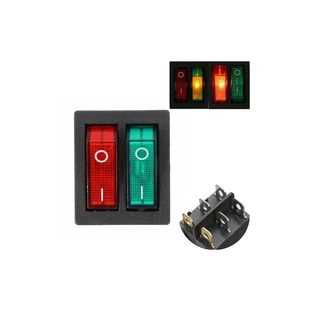 6 Pins Double SPST On/Off Rocker Boat Switch Red Green Light AC 250V/15A 125V/20A Switch