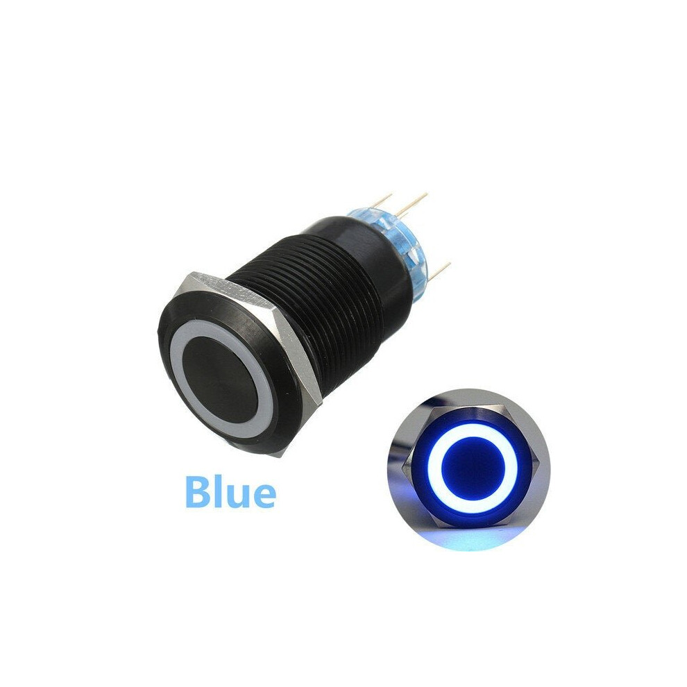 (Blue) 19mm 12V 5 Pin Led Light Metal Push Button Momentary Switch