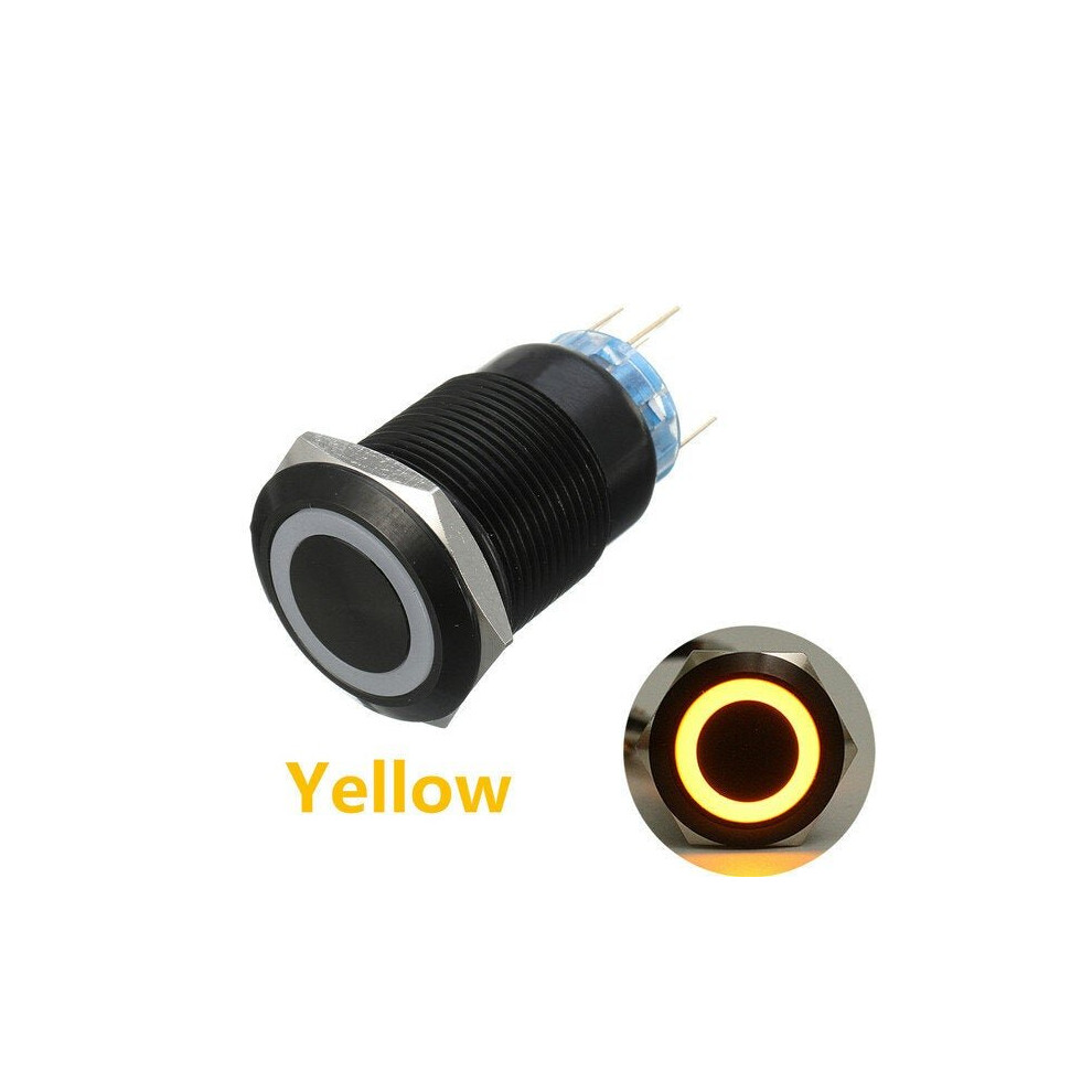 (Yellow) 19mm 12V 5 Pin Led Light Metal Push Button Momentary Switch