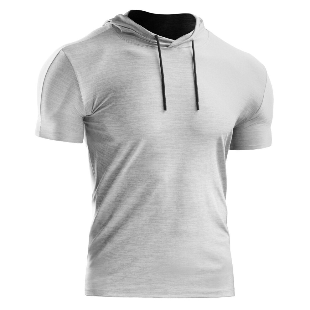 (Grey, 2XL) Men Summer Sports T-Shirt Hooded Short Sleeve Drawstring Quick-Dry Breathable