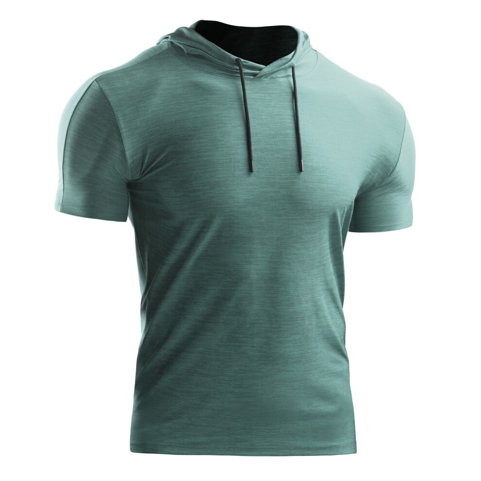 (Light Green, XL) Men Summer Sports T-Shirt Hooded Short Sleeve Drawstring Quick-Dry Breathable