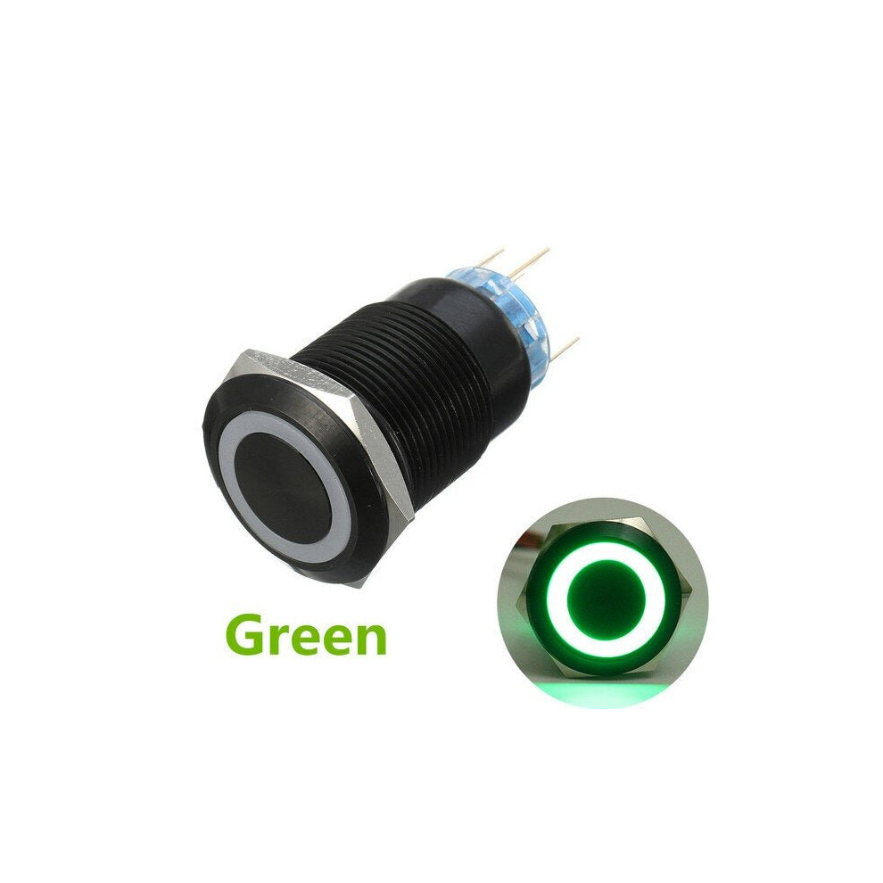 (Green) 19mm 12V 5 Pin Led Light Metal Push Button Momentary Switch