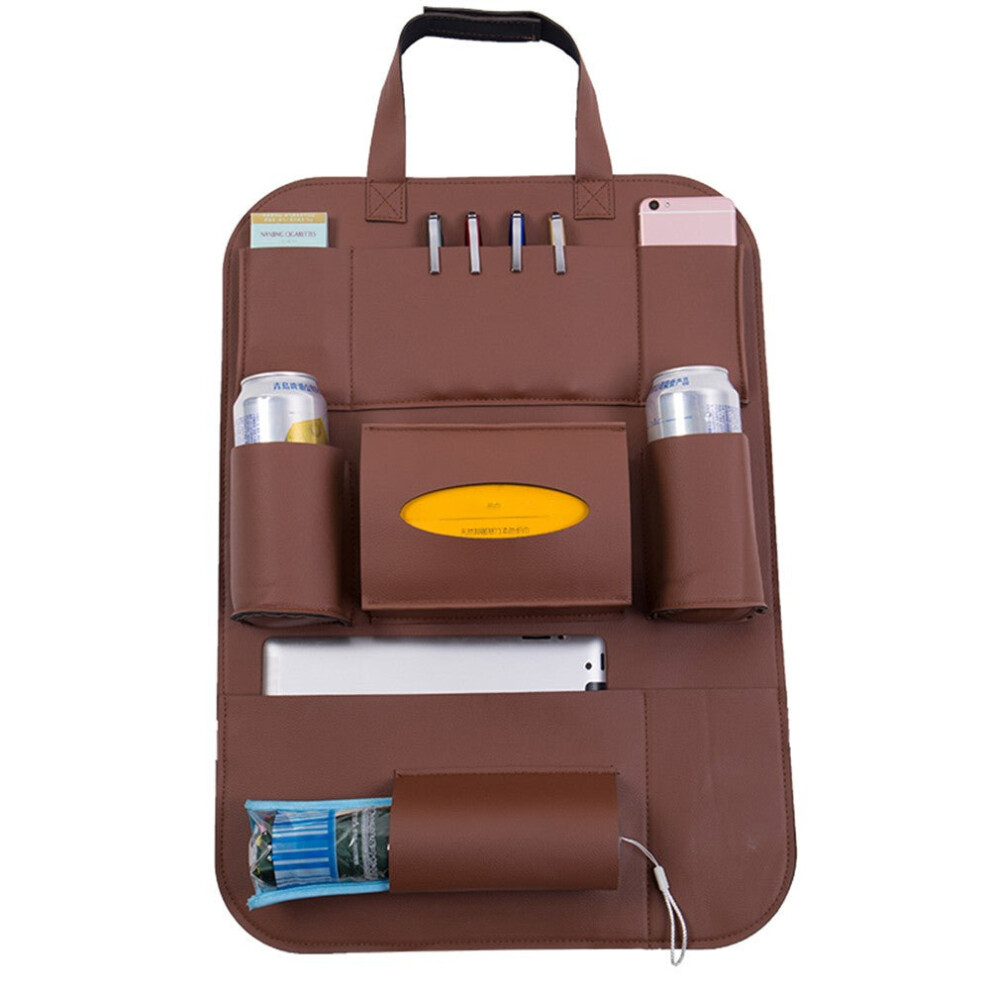 (Brown) Pu Leather Car Seat Back Organizer Backseat Storage Box Brown 3654657583514