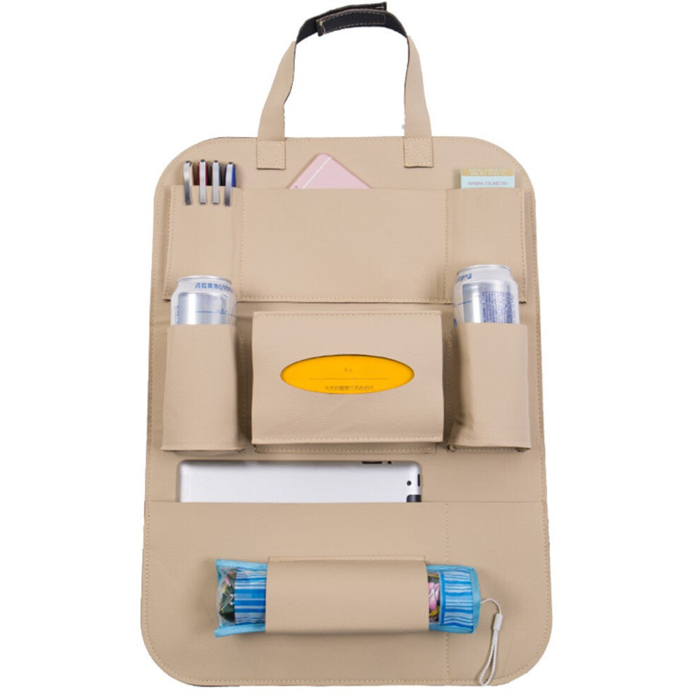 (Beige) Pu Leather Car Seat Back Organizer Backseat Storage Box Beige 3654659428783