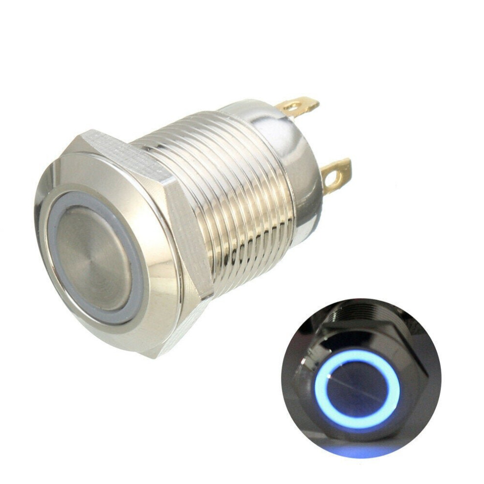 (Blue) DC 12V 12mm 4 Pin Momentary Switch Led Light Metal Push Button Waterproof Switch