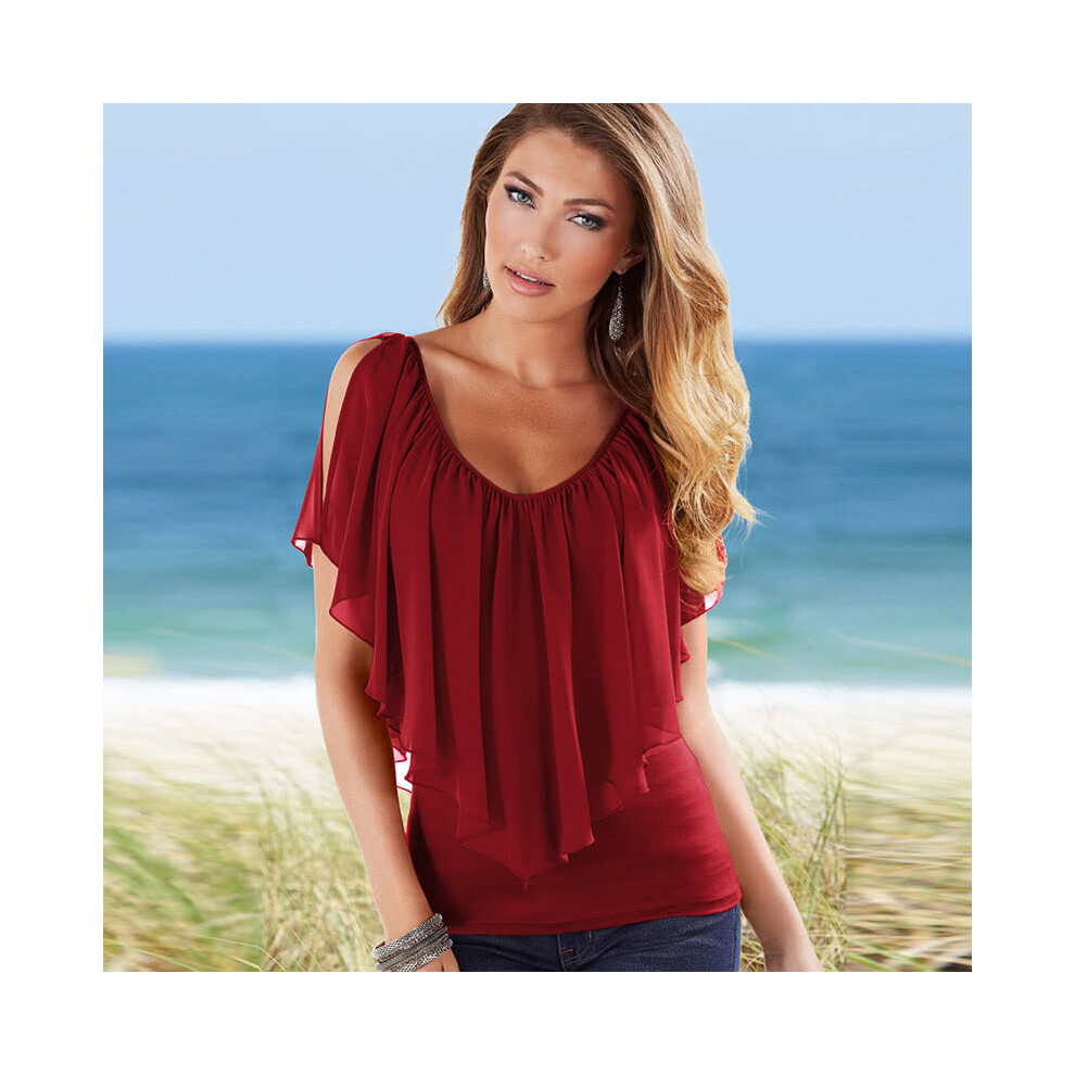 (Red, 3XL) Sexy Women Blouse V Neck Cold Shoulder Ruffles Sleeveless Solid Summer Casual Tops