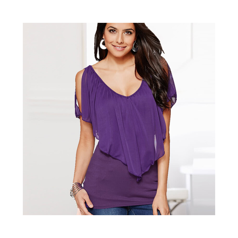 (Purple, 3XL) Sexy Women Blouse V Neck Cold Shoulder Ruffles Sleeveless Solid Summer Casual Tops