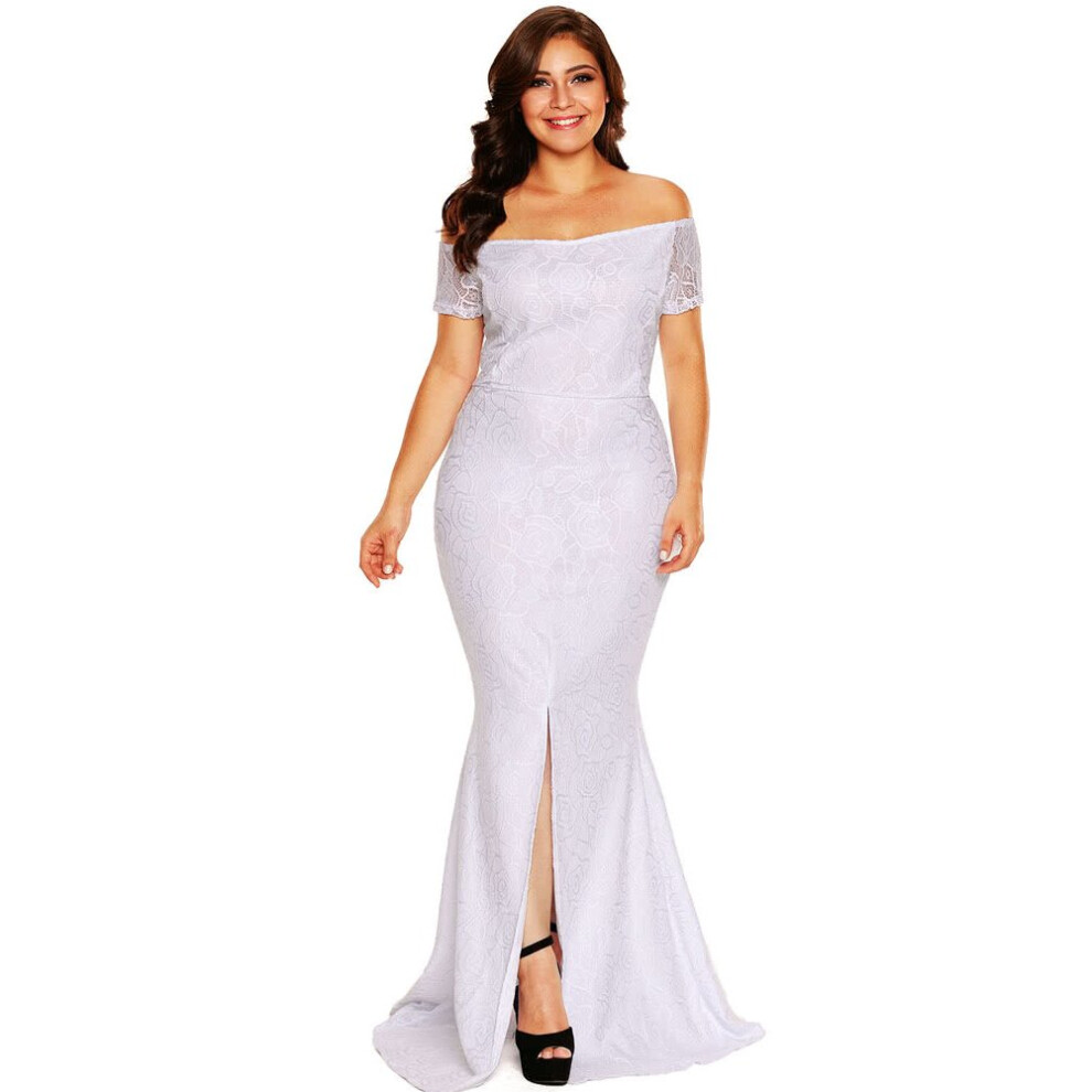 (White, XL) Women Maxi Off Shoulder Lace Dress Short Sleeves Split Hem Back Zipper Elegant Long Gown Plus Size