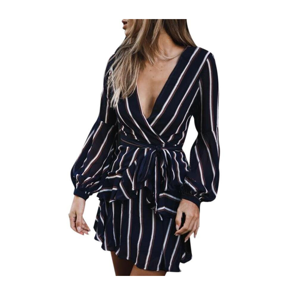 (S) Lantern Sleeve Casual Striped V-Neck Ruffle Mini Party Dress Women