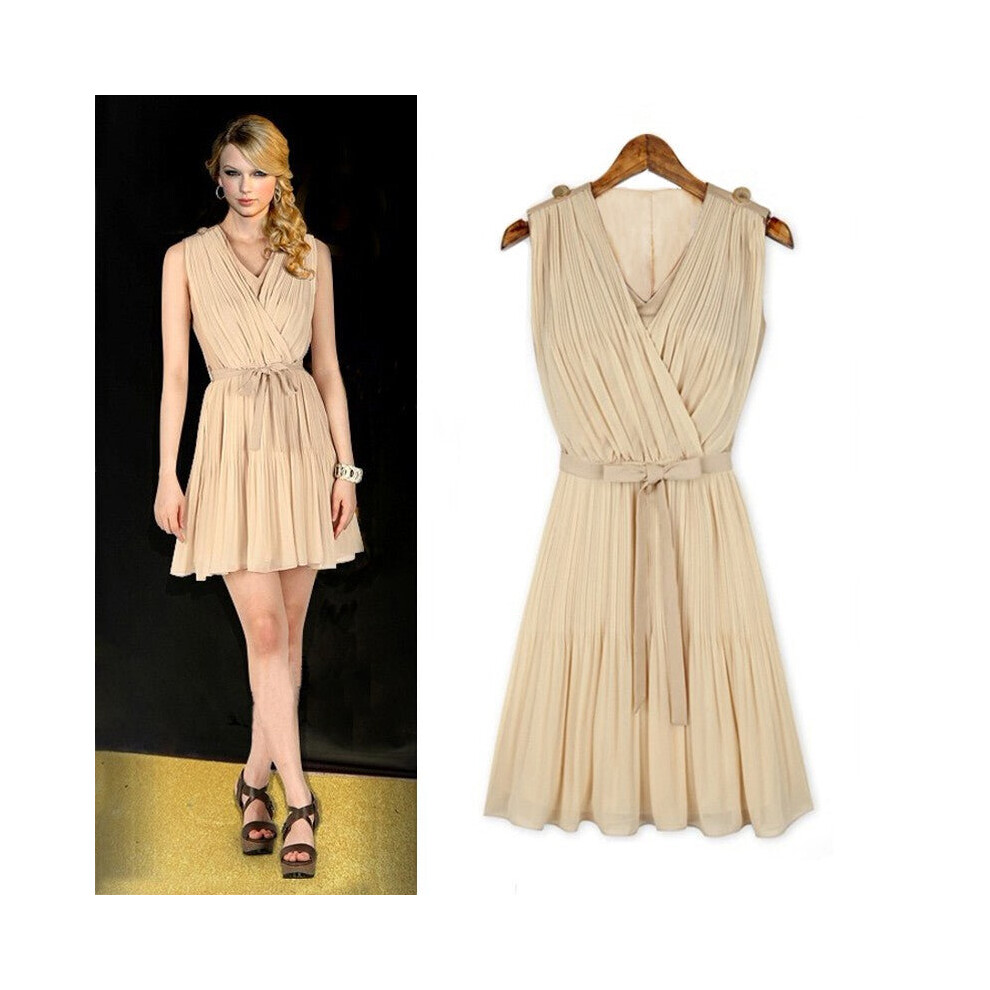 (Beige, M) Women Pleated Chiffon Dress V-Neck Sleeveless Elegant Mini