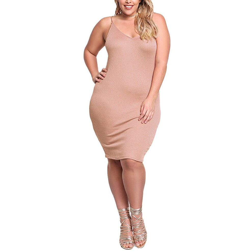 (Pink, 2XL) Sexy Women Knitted Slip Dress V Neck Sleeveless Solid Slim Bodycon Plus Size