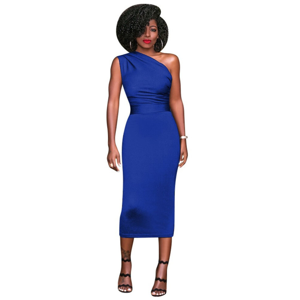 (Blue, S) Women Bodycon Midi Dress One Shoulder High Waist Sleeveless Party Clubwear