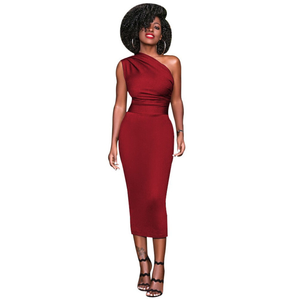 (Red, S) Women Bodycon Midi Dress One Shoulder High Waist Sleeveless Party Clubwear