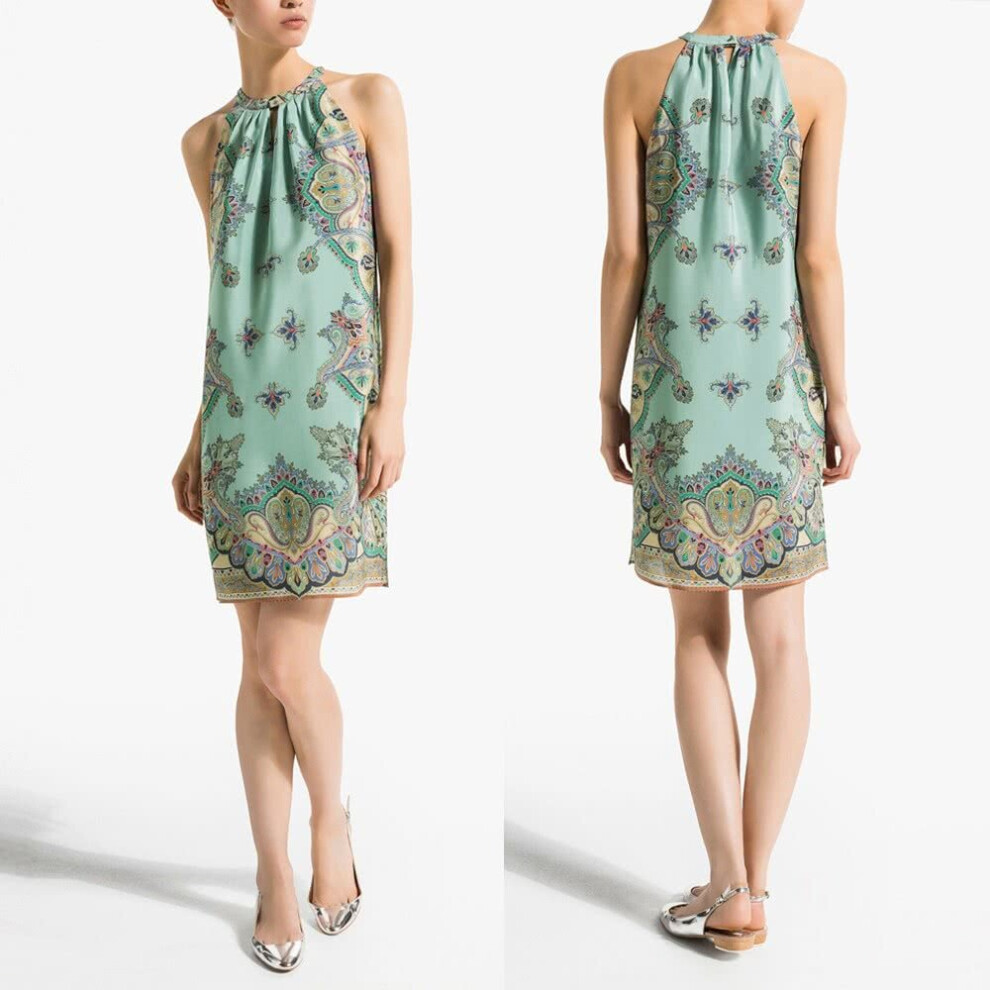 (Green, S) Women One-piece Sleeveless Dress Chiffon Print Halter Neckline Off Shoulder