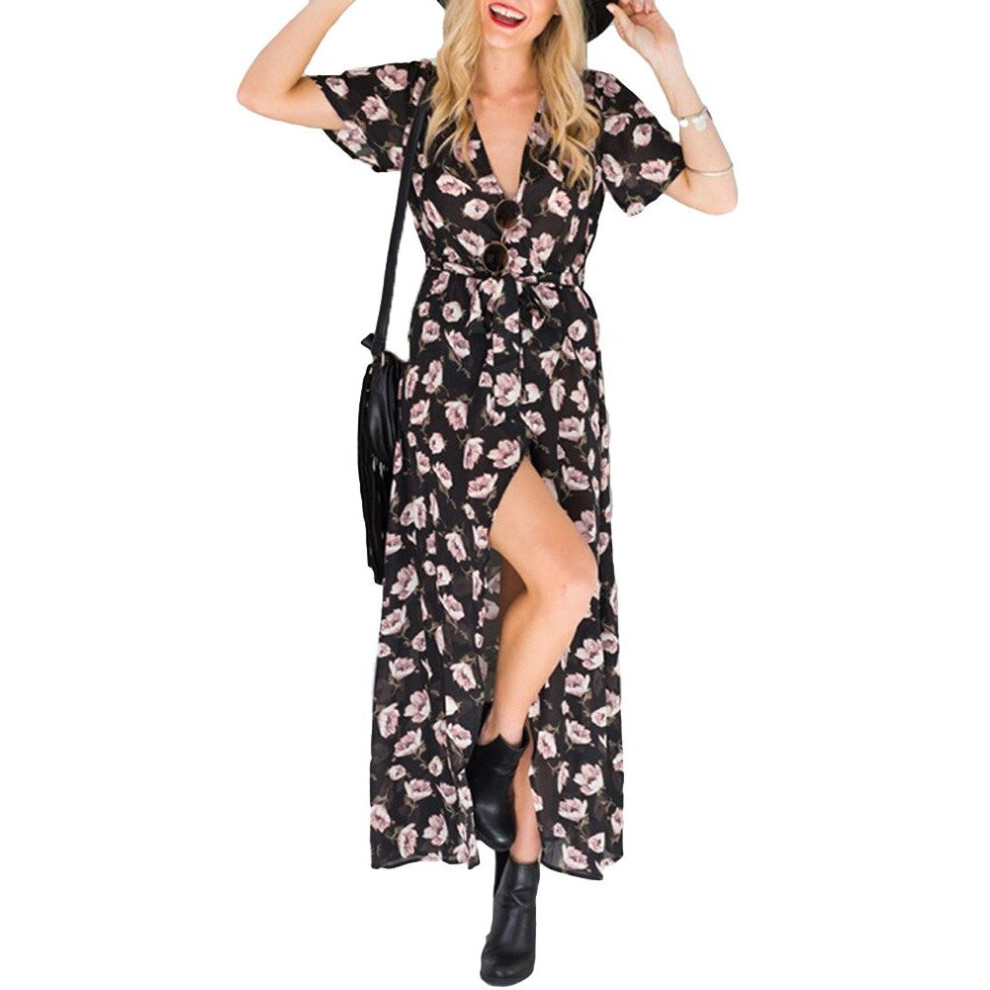(Black, XL) Women Chiffon Slim Long Maxi Dress Floral Print Deep V Split Short Sleeve