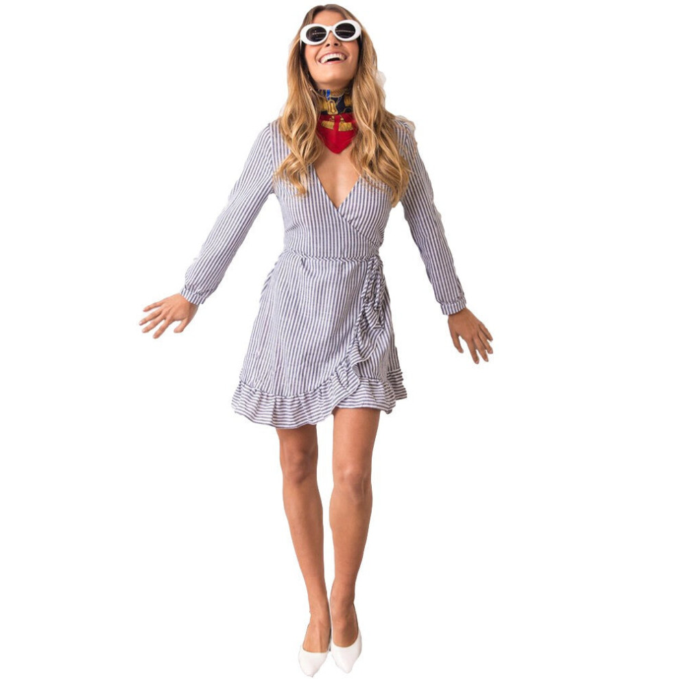 (Blue, S) Women Casual One-Piece Dress Contrast Stripes Cross Over Deep V Drape Ruffle Long Sleeve
