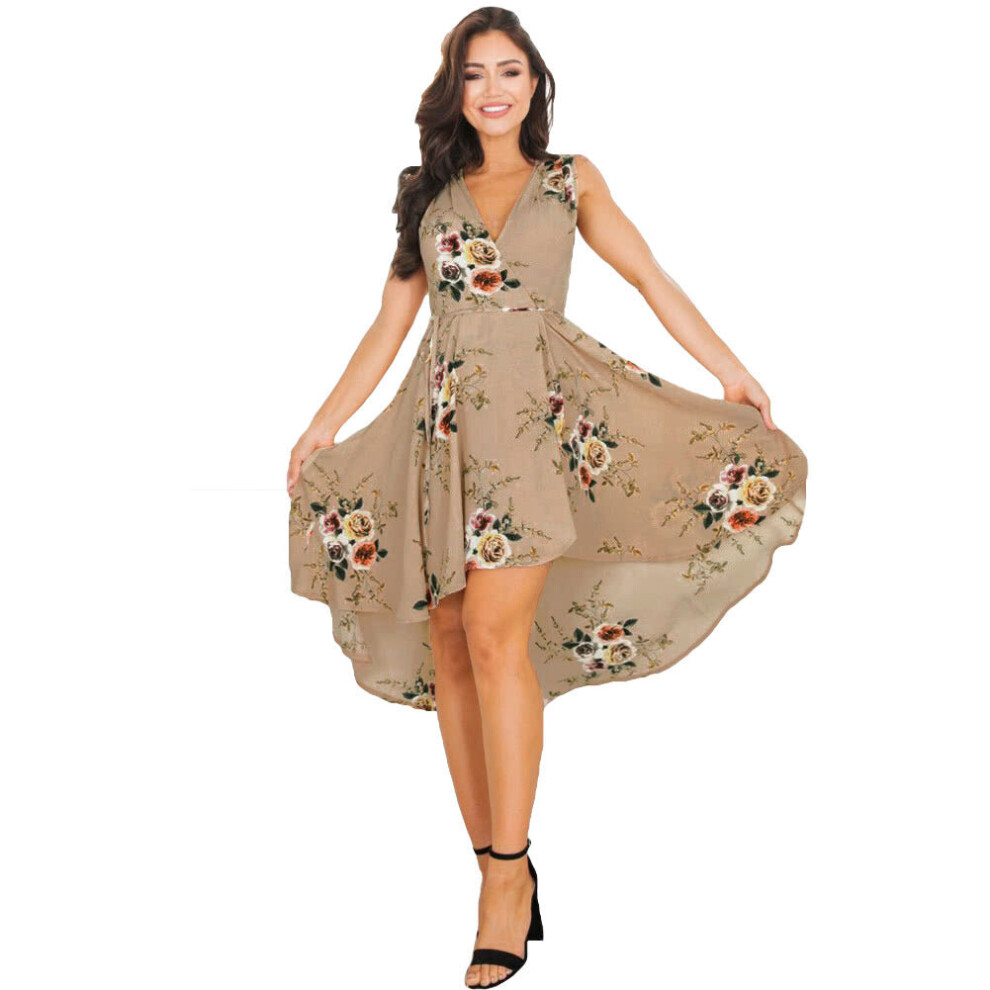 (Camel, S) Women Boho Midi Dress Floral Print V Neck Sleeveless