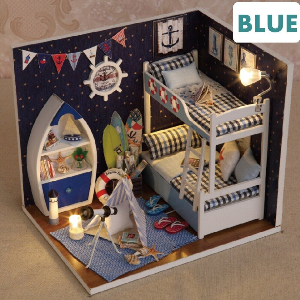 (Blue) Creative Room DIY Handmade Assembly Doll House Miniature Furniture Kit with LED Light Dust Proof Cover Toy for Kids Home Decoration Collection