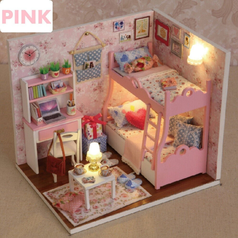 (Pink) Creative Room DIY Handmade Assembly Doll House Miniature Furniture Kit with LED Light Dust Proof Cover Toy for Kids Home Decoration Collection