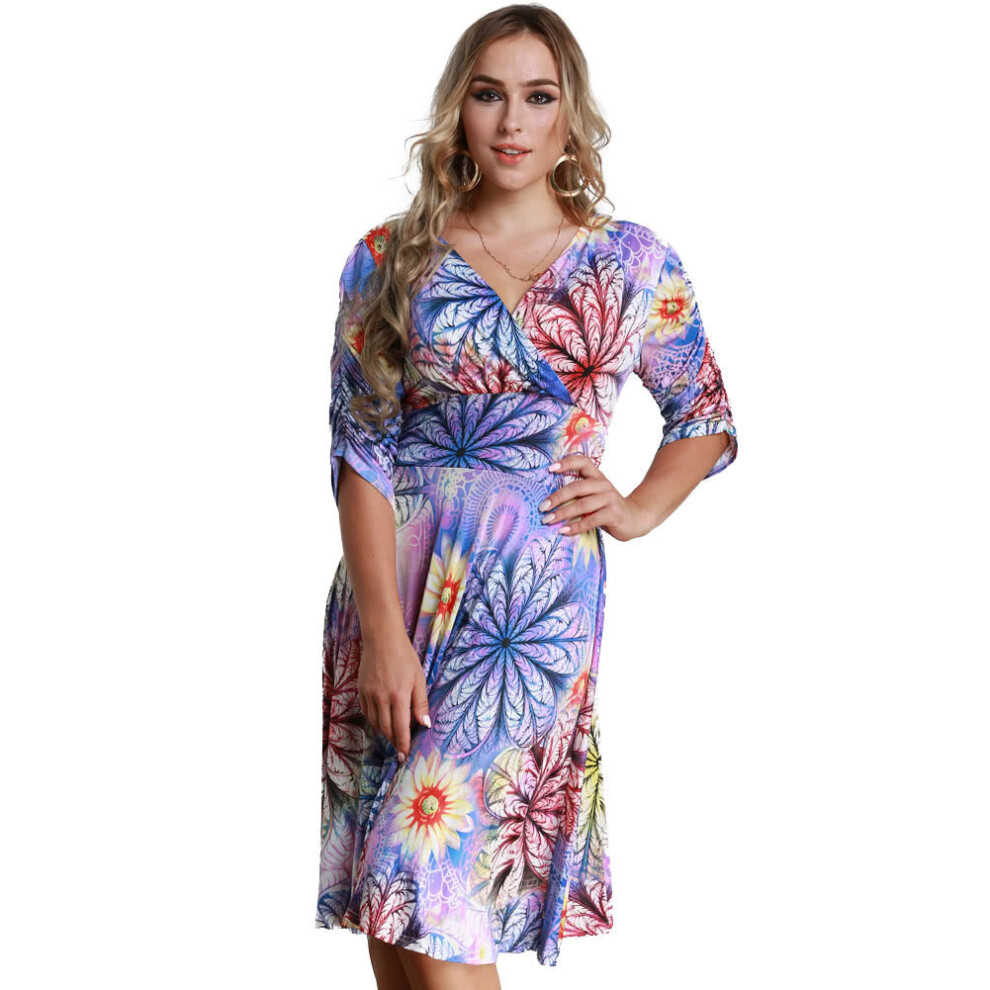 (Purple, 3XL) Women Plus Size Dress Colorful Floral Print V Neck Half Sleeve Midi Slim Elegant