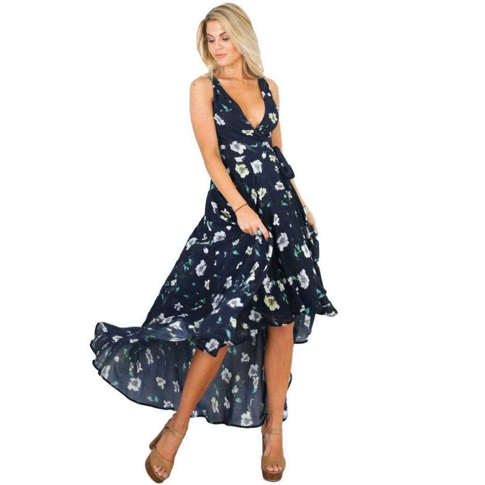 (Dark Blue, M) Sexy Women Maxi Dress Plunge V Floral Print Sleeveless High Low Hem Beach