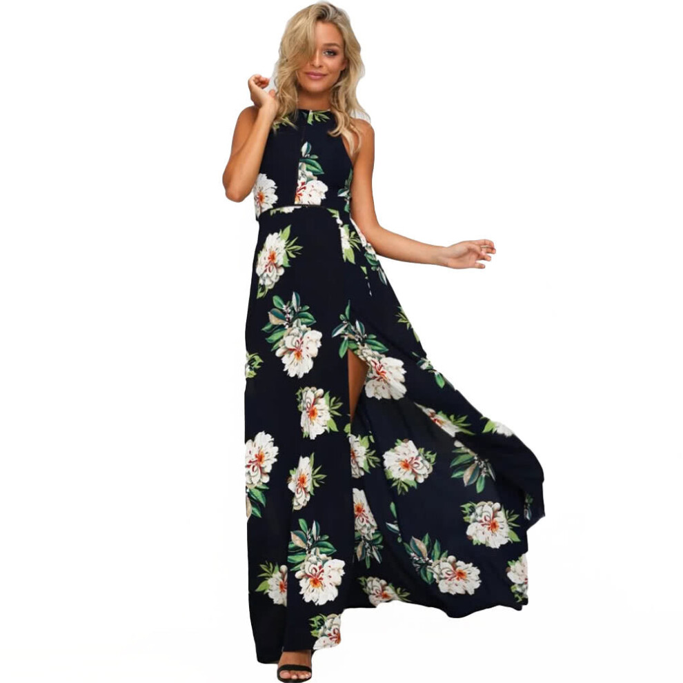 (Dark Blue, M) Women Chiffon One-Piece Dress Floral Print Halter Sleeveless Split Backless Hollow Out Beach