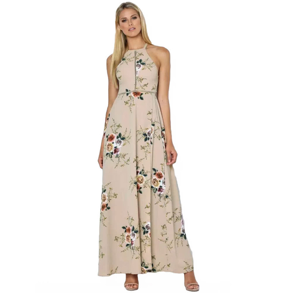 (Camel, XL) Women Chiffon One-Piece Dress Floral Print Halter Sleeveless Split Backless Hollow Out Beach