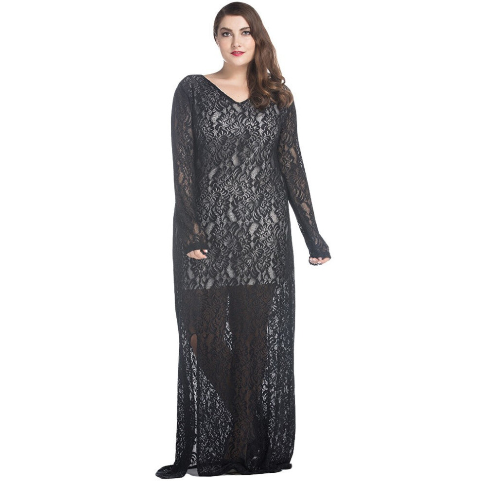 (Black, 2XL) Women Lace Maxi Dress V-Neck Full Sleeve Lined Evening Party Solid Long Plus Size