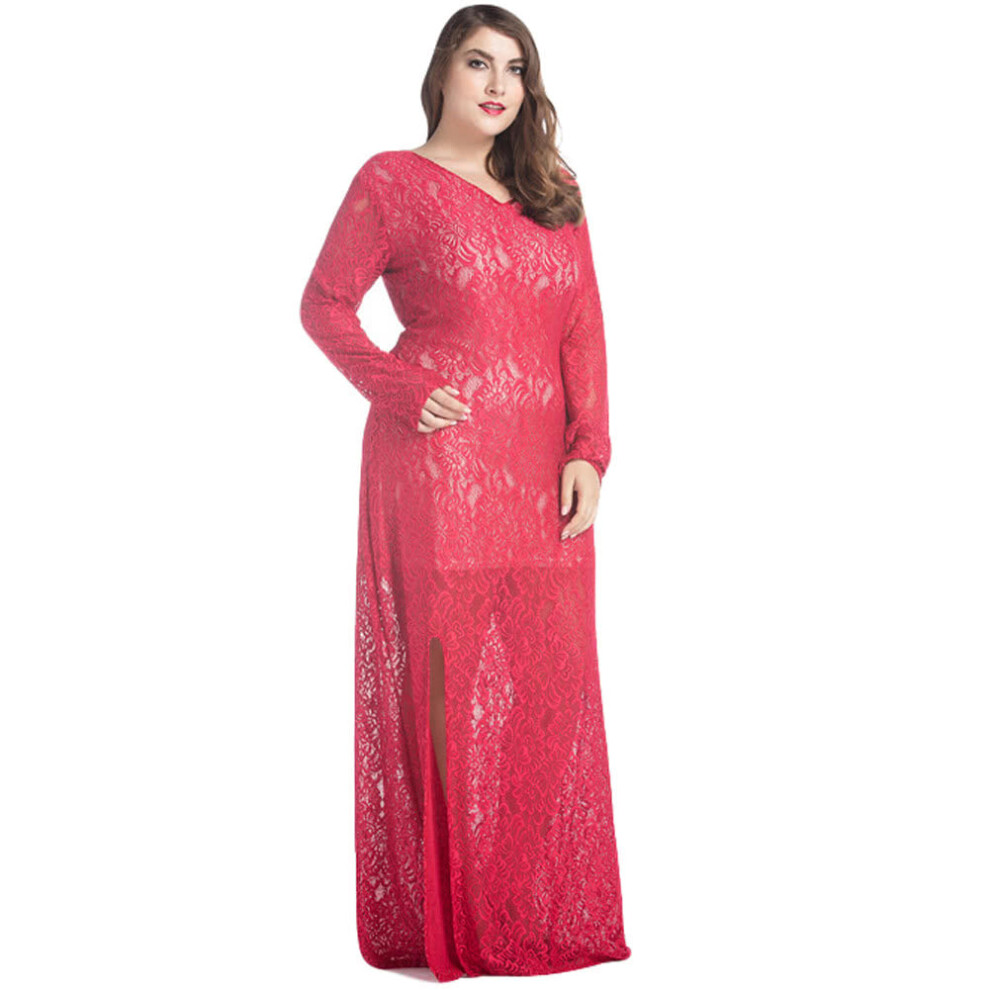 (Red, 3XL) Women Lace Maxi Dress V-Neck Full Sleeve Lined Evening Party Solid Long Plus Size