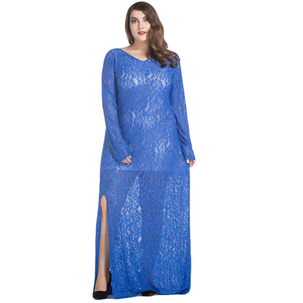 (Blue, 5XL) Women Lace Maxi Dress V-Neck Full Sleeve Lined Evening Party Solid Long Plus Size