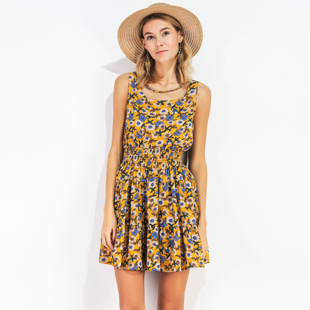 (Yellow, XL) Summer Women Chiffon Floral Mini Dress Elastic Waist Sleeveless Party