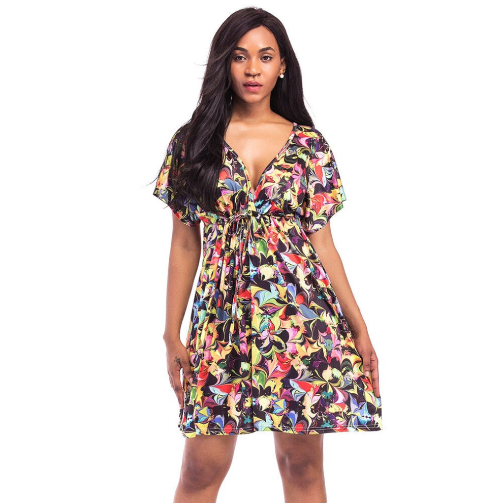 (Black, M) Women Print Mini Dress V Neck Short Sleeve Elastic Waist Summer Beach Pleated Plus Size