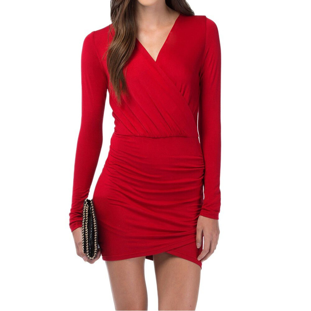 (Red, L) Women Wrap Front Dress Sexy Deep V-neck Long Sleeve Evening Party Clubwear Mini