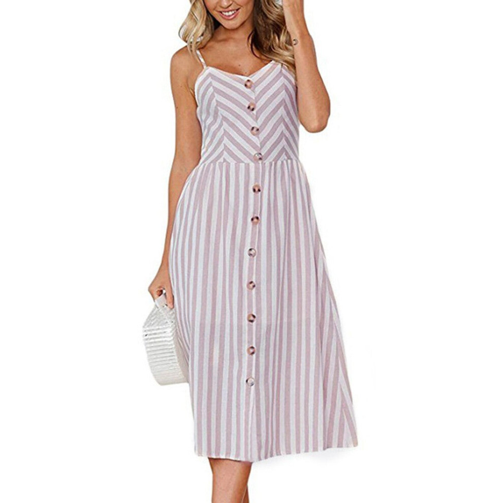 (Light Purple, L) Women Skater Midi Dress Spaghetti Straps Sleeveless High Waist Buttons Pockets A-Line