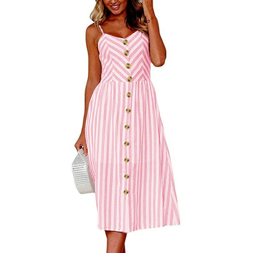 (Pink, XL) Women Skater Midi Dress Spaghetti Straps Sleeveless High Waist Buttons Pockets A-Line