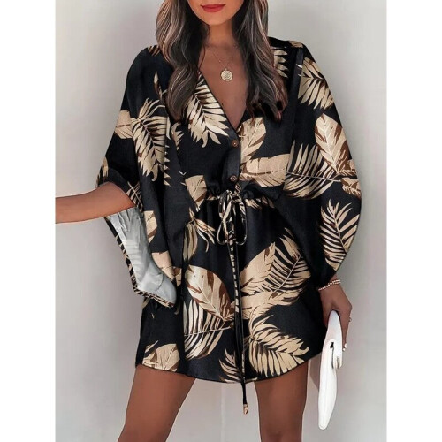 (BLACK, XL) Original Loose Leaf Printed Contrast Color Tied Buttoned Mini Shirt Dress