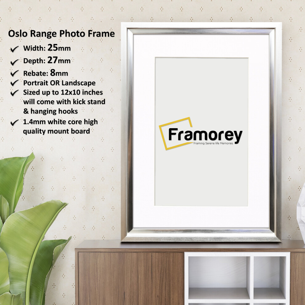 (8x6" Pic (10x8" Frame)) Oslo Style Picture Frames / Silver Photo Frame / Best Photo Frame For Birthday Gifts / Wall Art Poster Frame With White Mount