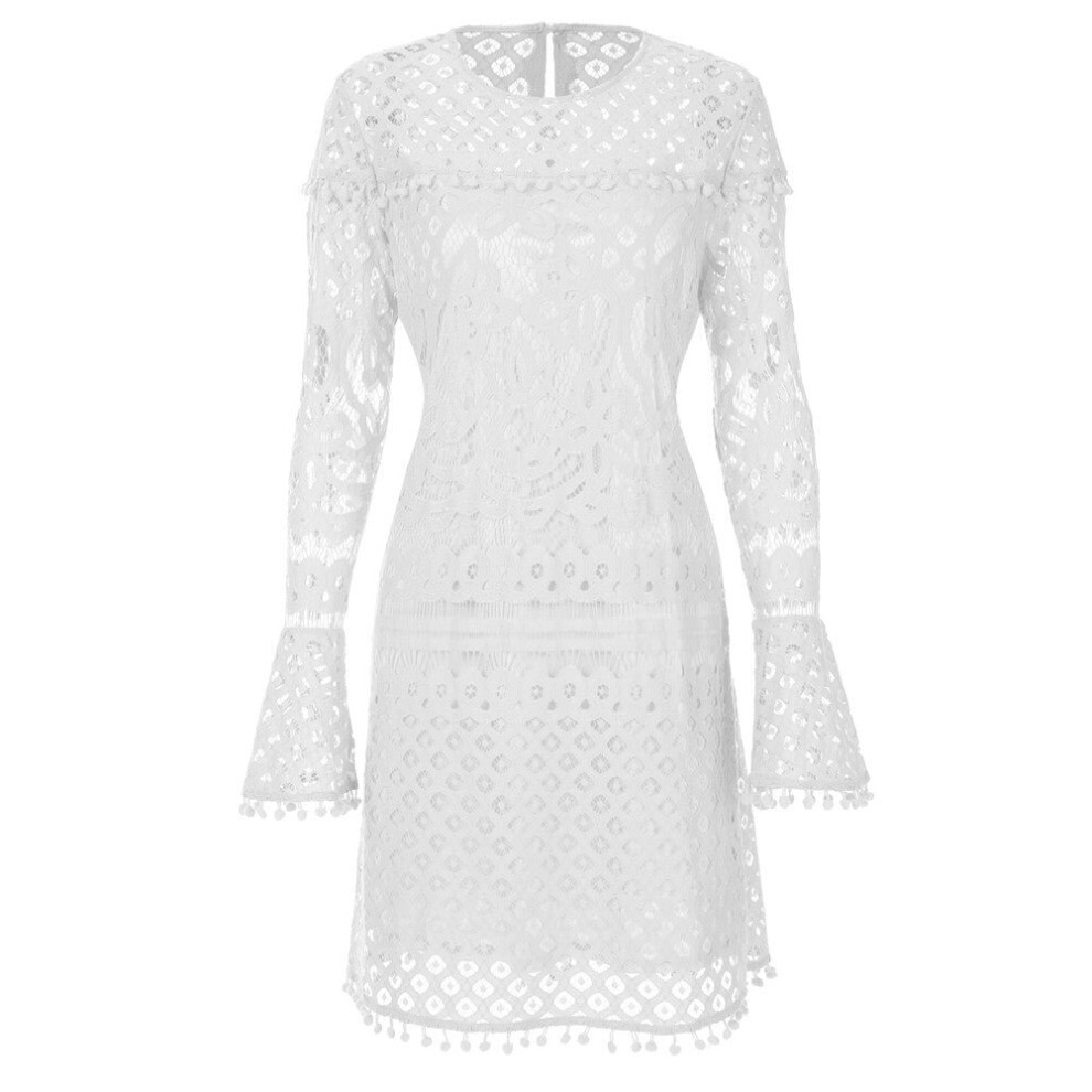 (White, XL) Women Mini Sheer Lace Dress Pom Trims O Neck Long Sleeve Lined Party