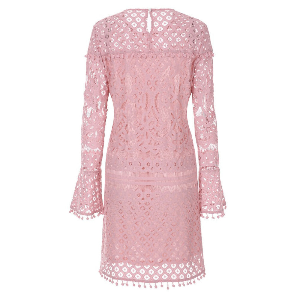 (Pink, S) Women Mini Sheer Lace Dress Pom Trims O Neck Long Sleeve Lined Party
