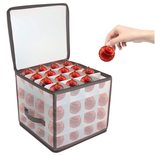 64 Christmas Bauble Decorations Grey Storage Box Organise Compartments Handle