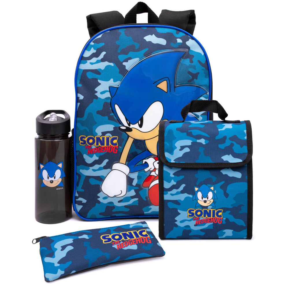 Sonic The Hedgehog Backpack Set Kids 4 Piece Camo Lunch Box Water Bottle